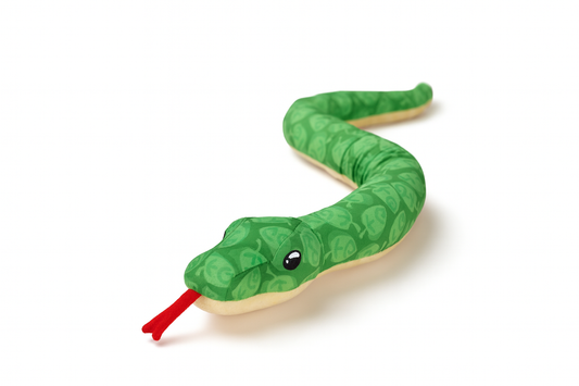 Toy snake with green body and red tongue on a white background