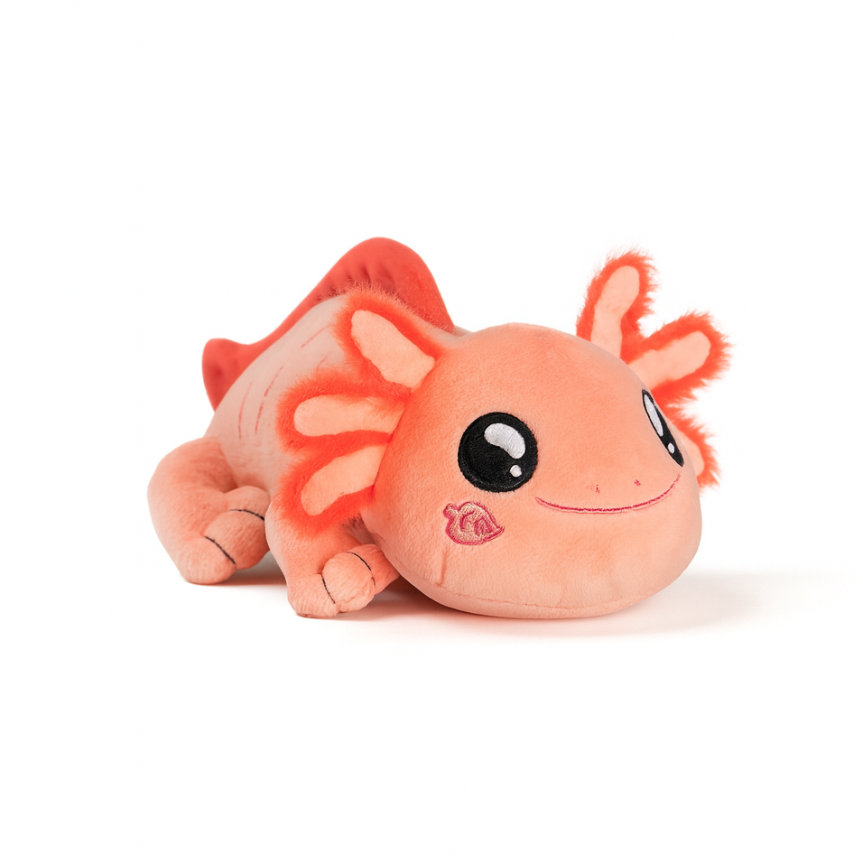 Plush toy axolotl with orange and pink colors on a white background