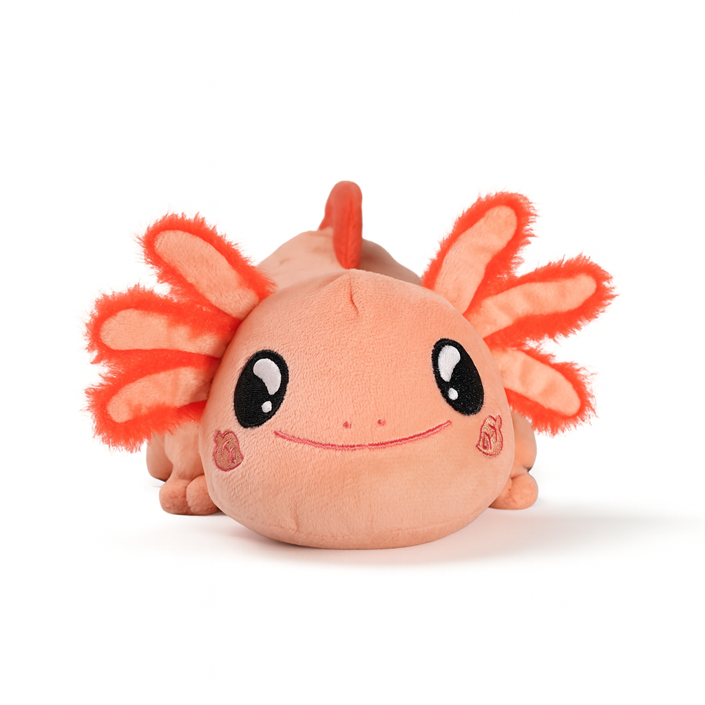 Plush axolotl toy with orange feelers on a white background