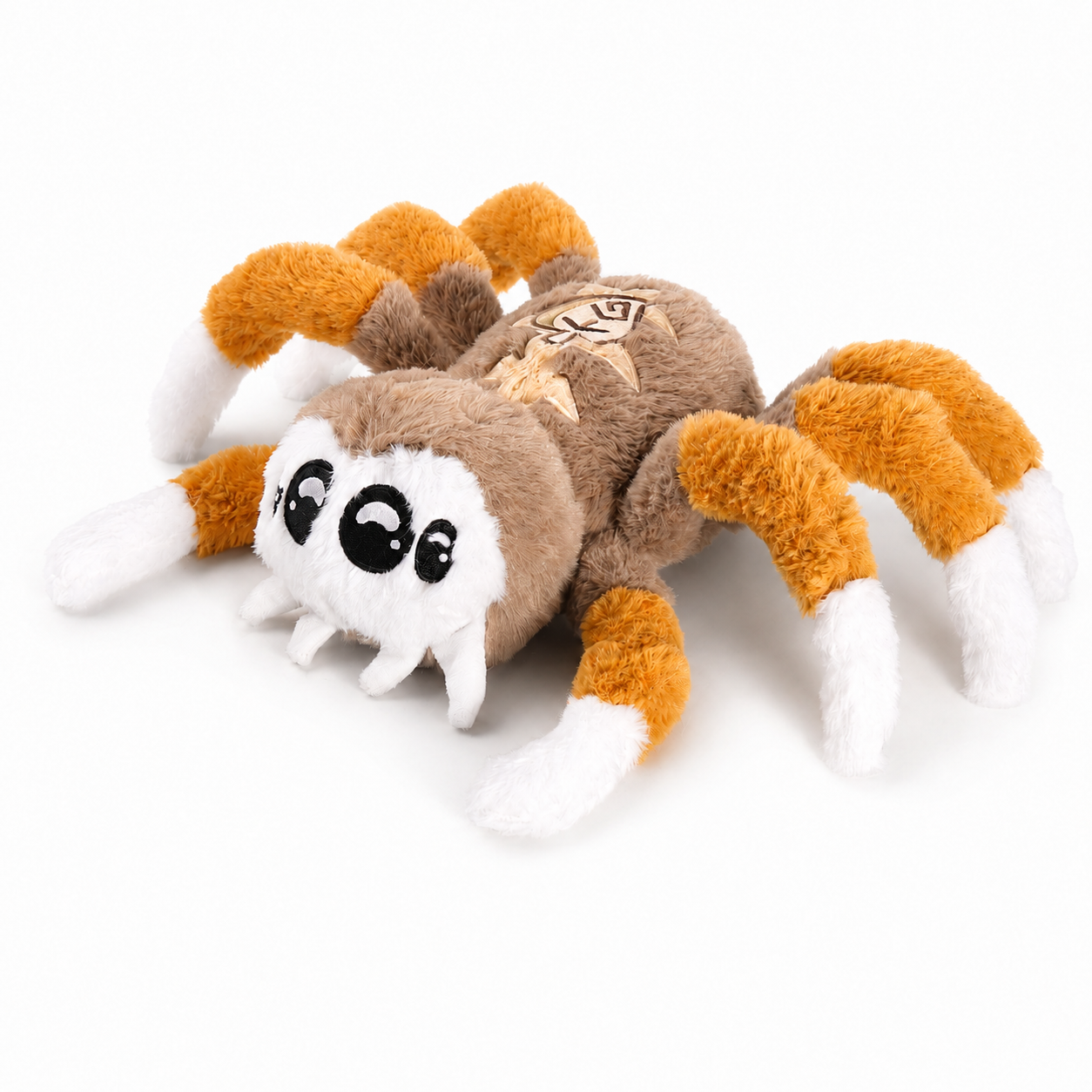 Plush spider toy with brown, orange, and white colors on a white background