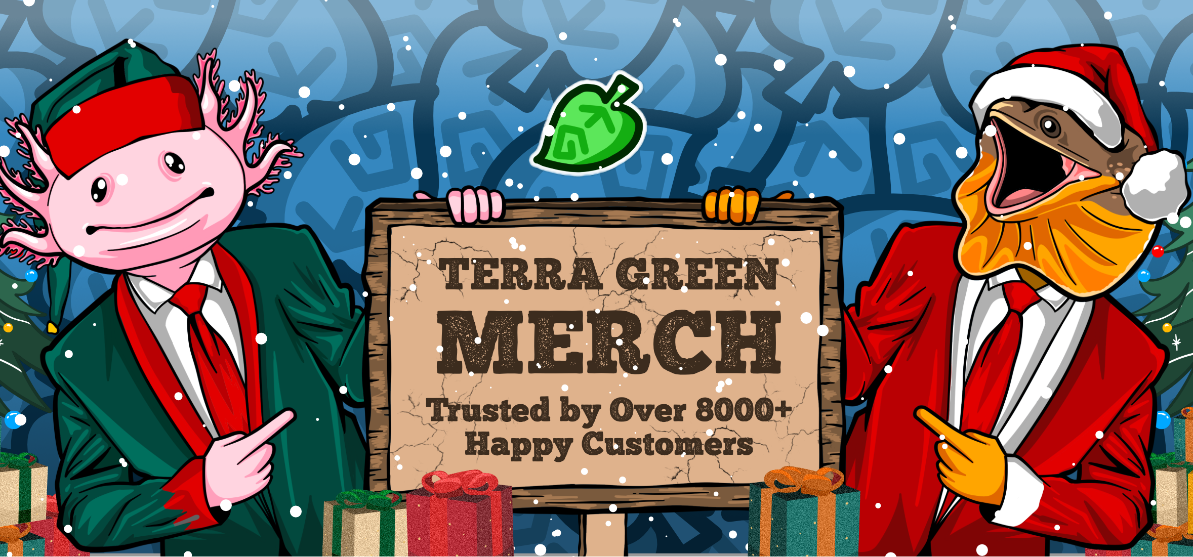 Two characters in festive attire with a 'Terra Green Merch' sign amidst Christmas decorations.
