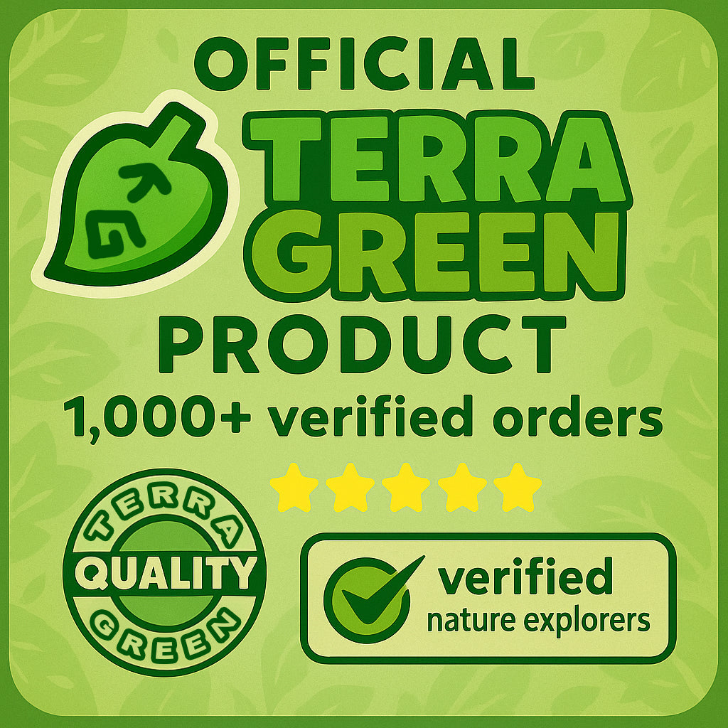 Promotional graphic for 'Official Terra Green Product' with verified badges on a green background