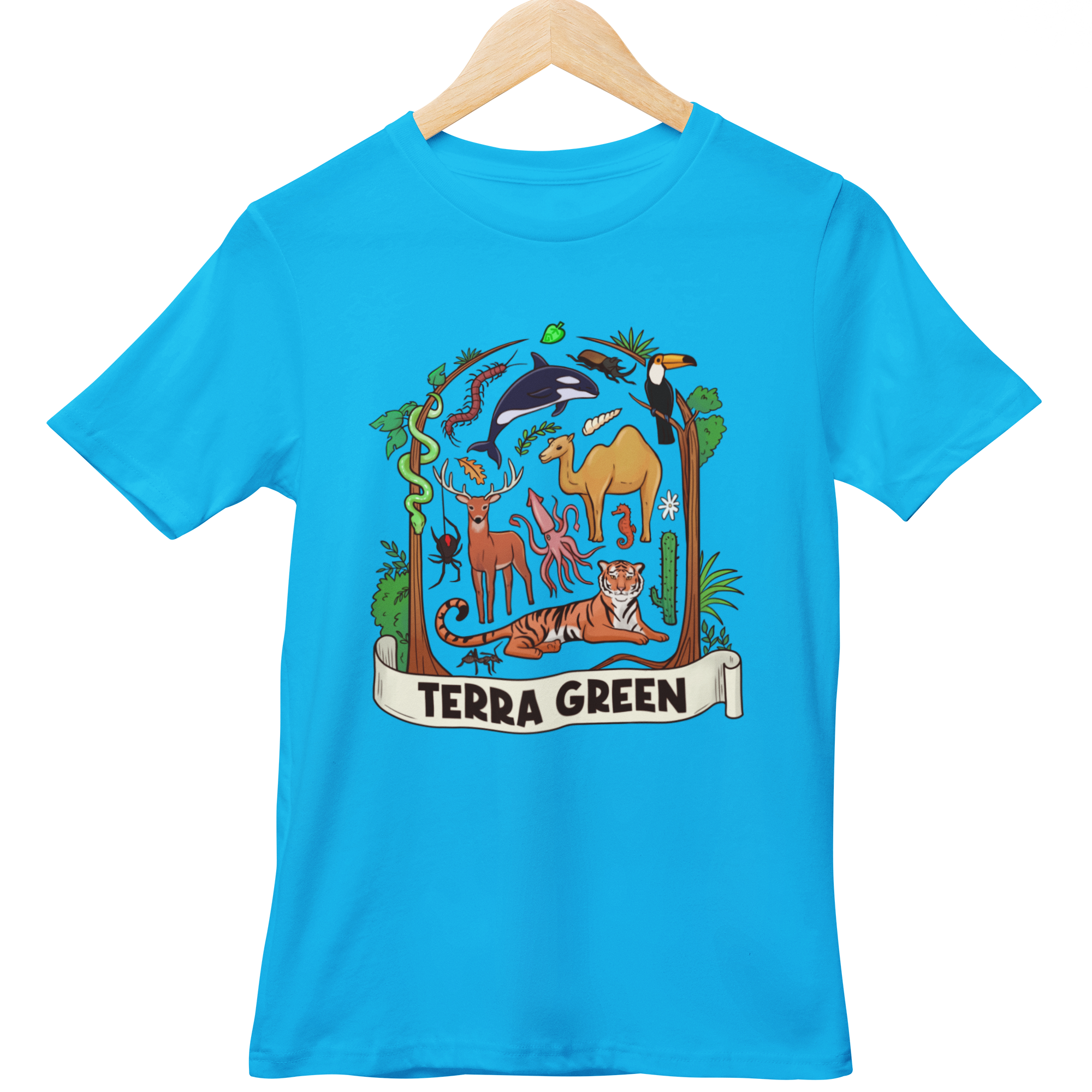 Blue t-shirt with animal graphics and 'Terra Green' text on a hanger against a white background