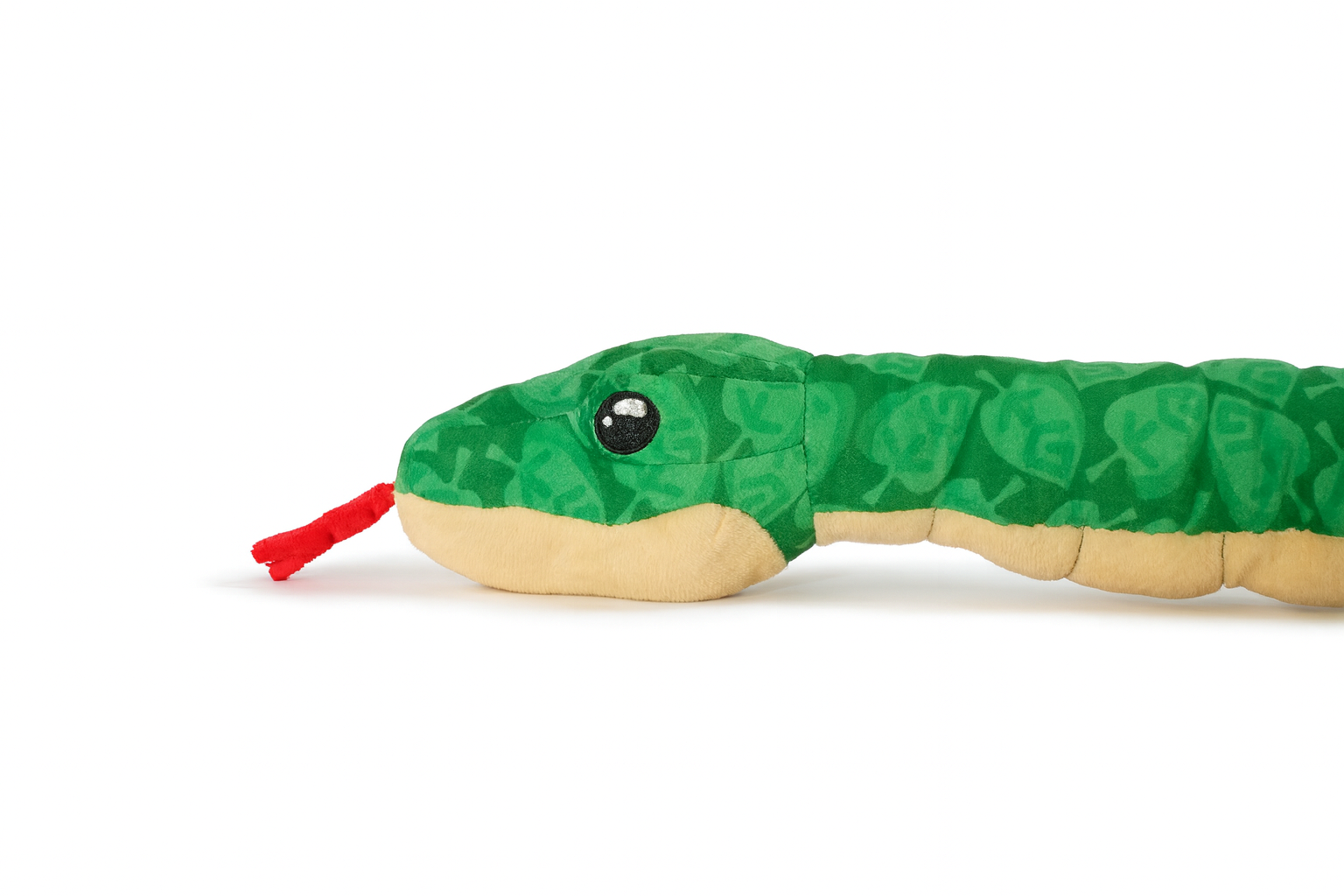 Plush snake toy with green body, beige head, and red tongue on a white background